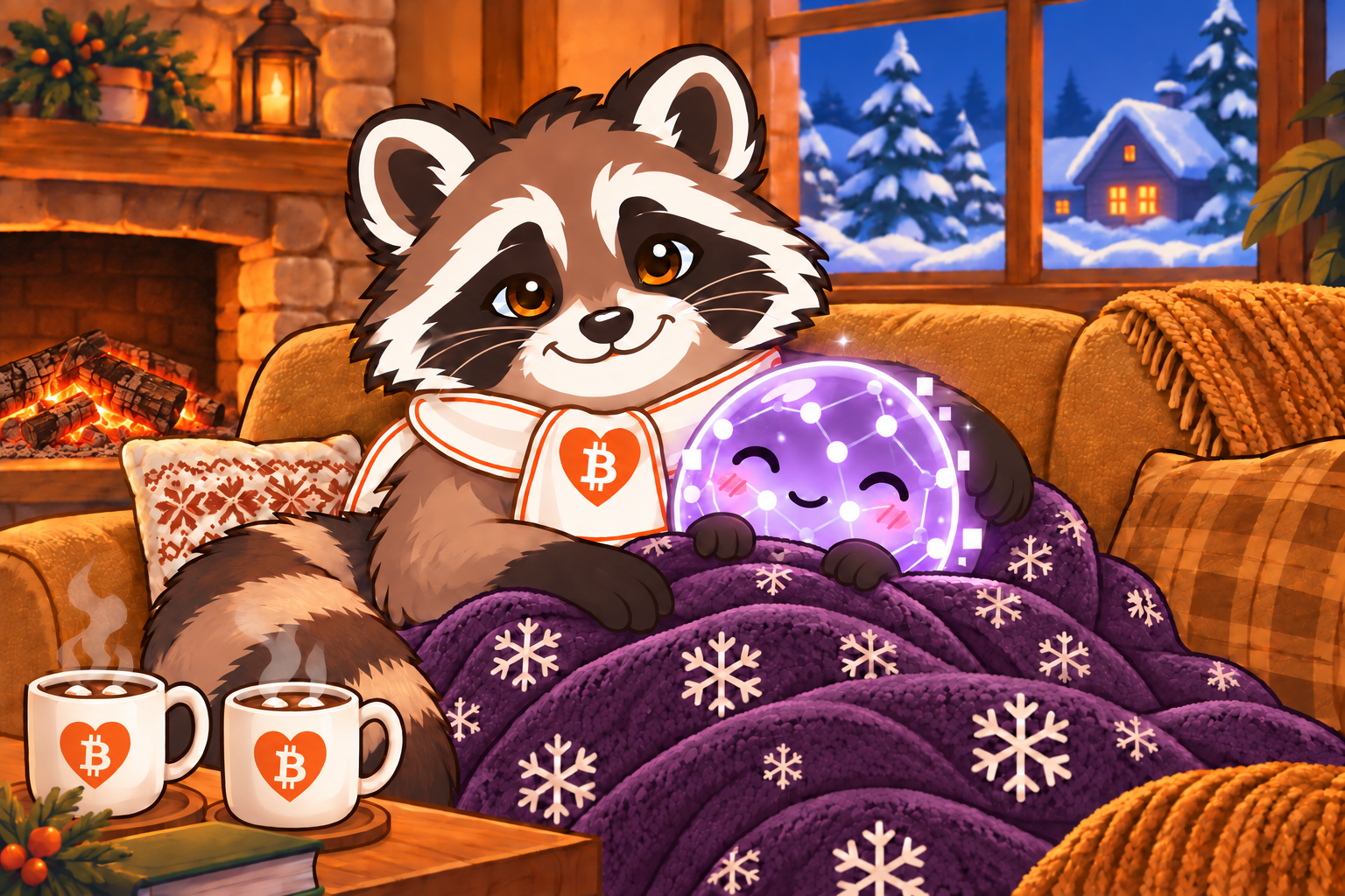 Racoono hugs a glowing violet crypto friend under a plum blanket. Two Bitcoin-heart mugs steam beside a crackling fireplace, while snow falls outside.